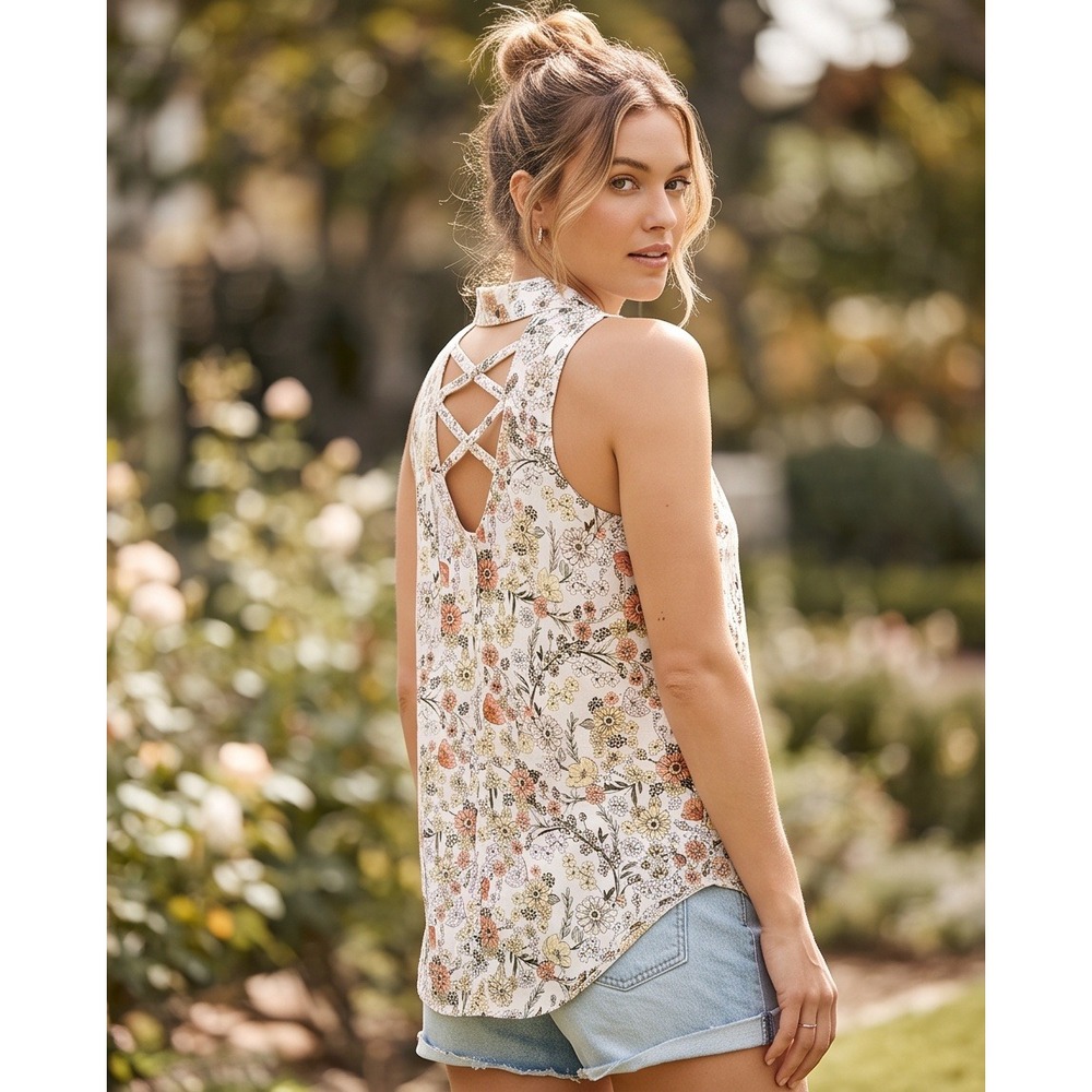 Emaline L Floral Sleeveless Mock Neck Criss Cross Back Blouse White Large